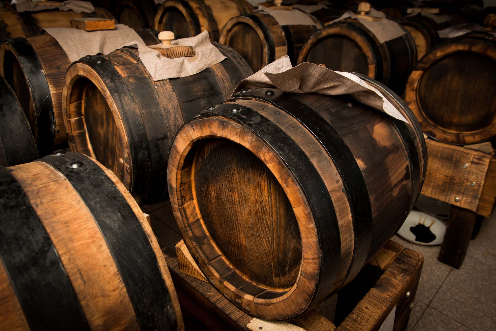 Balsamic vinegar barrels for storing and aging. 